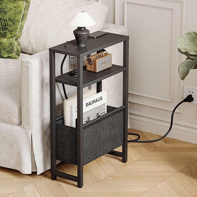 Narrow Side Table with Charging Station, Slim End Table with Magazine Rack, Bedside Table for Small Spaces, 3 Tier Sofa Couch Table Nightstand for Living Room, Bedroom, Black LET503BE