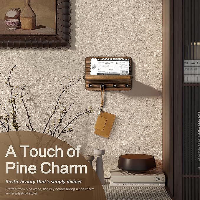 Rebee Vision Small Farmhouse Key Holder Wall Mount for Home Decor – Mini 7-inch Wooden Key Holder for Wall with 4 Hooks & Floating Shelf - Apartment Essentials for a Tidy & Trendy House (Brown)