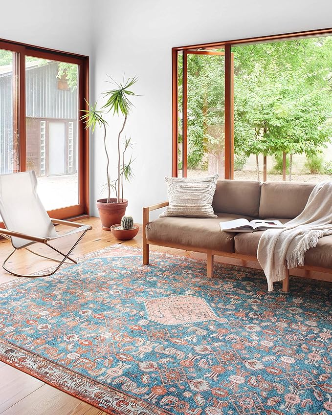 Loloi Layla Collection LAY-10 Marine/Clay 9'-0" x 12'-0" .13" Thick Area Rug, Soft, Durable, Vintage Inspired, Distressed, Low Pile, Non-Shedding, Easy Clean, Printed, Living Room Rug