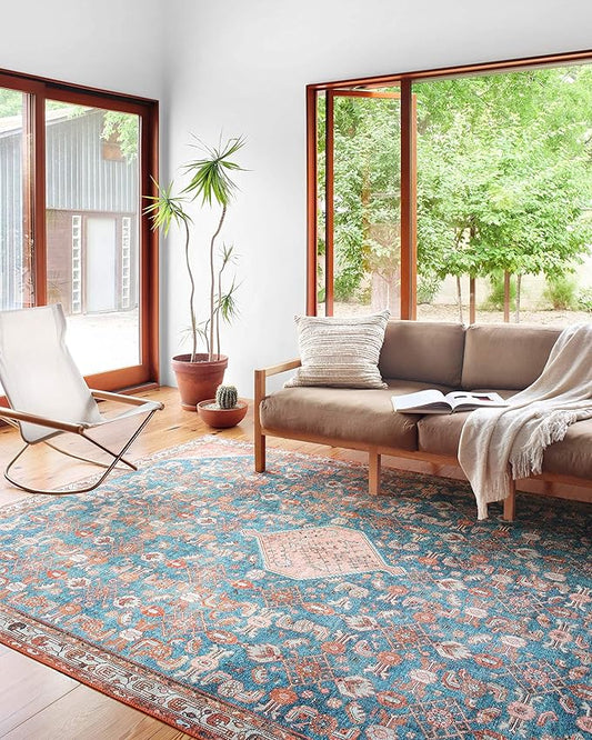 Loloi Layla Collection LAY-10 Marine/Clay 5'-0" x 7'-6" .13" Thick Area Rug, Soft, Durable, Vintage Inspired, Distressed, Low Pile, Non-Shedding, Easy Clean, Printed, Living Room Rug