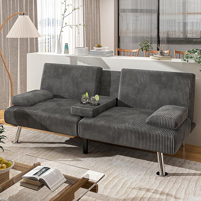 Shahoo Modern Upholstered Convertible Folding Futon Sofa Bed with Removable Armrests, Metal Legs, 2 Cup Holders for Living Room, Grey