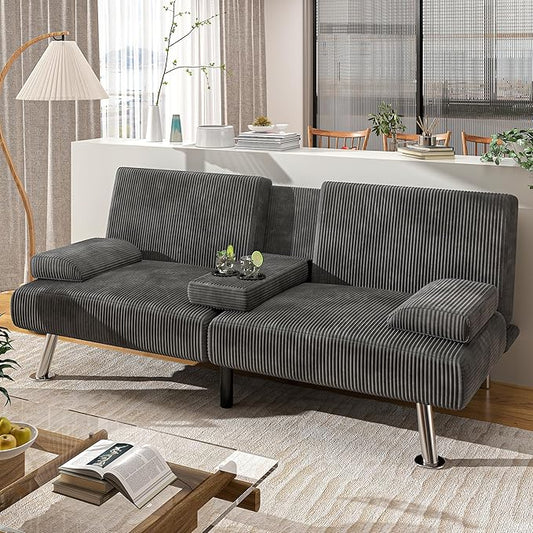 Shahoo Modern Upholstered Convertible Folding Futon Sofa Bed with Removable Armrests, Metal Legs, 2 Cup Holders for Living Room, Grey