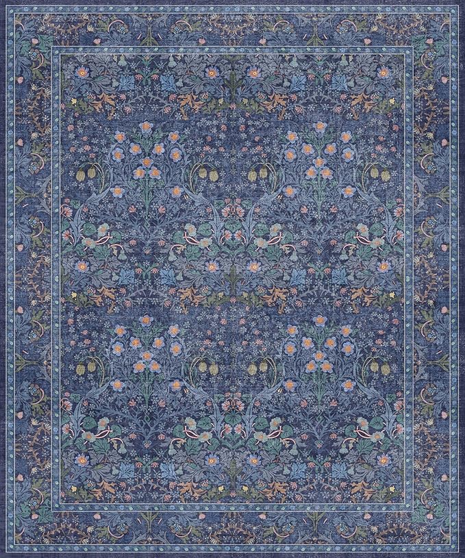 Washable Dark Blue Rug for Living Room - 10x12 Large Area Rug for Dining Room Under Table, Bedroom, Soft Low Pile Non-Slip Stain Resistant Carpet - Vintage Navy Floral Design